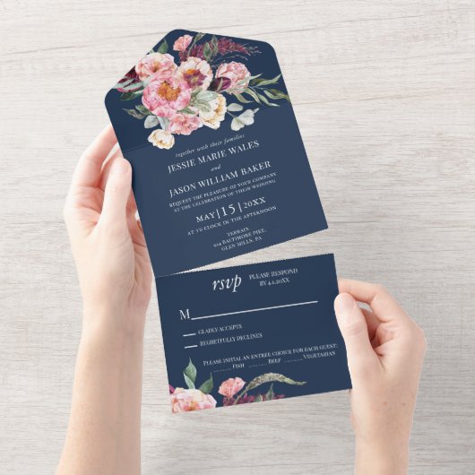 Navy Floral Blush Pink Wedding All In One Uitnodiging (Afscheurbaar)