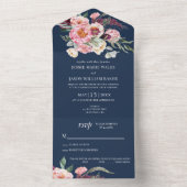 Navy Floral Blush Pink Wedding All In One Uitnodiging (Binnen)