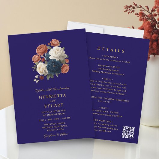 Navy Floral Botanical All-in-One Wedding  Kaart