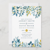 Navy Floral Botanische Waterverf Huwelijksuitnodig Kaart (Voorkant)