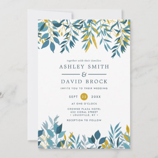 Navy Floral Botanische Waterverf Huwelijksuitnodig Kaart (Voorkant)