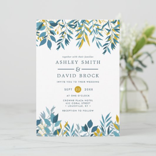 Navy Floral Botanische Waterverf Huwelijksuitnodig Kaart (Staand voorkant)