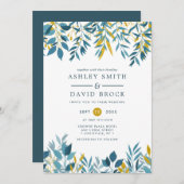 Navy Floral Botanische Waterverf Huwelijksuitnodig Kaart (Voorkant / Achterkant)