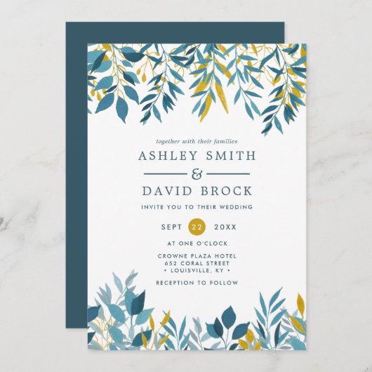 Navy Floral Botanische Waterverf Huwelijksuitnodig Kaart (Voorkant / Achterkant)