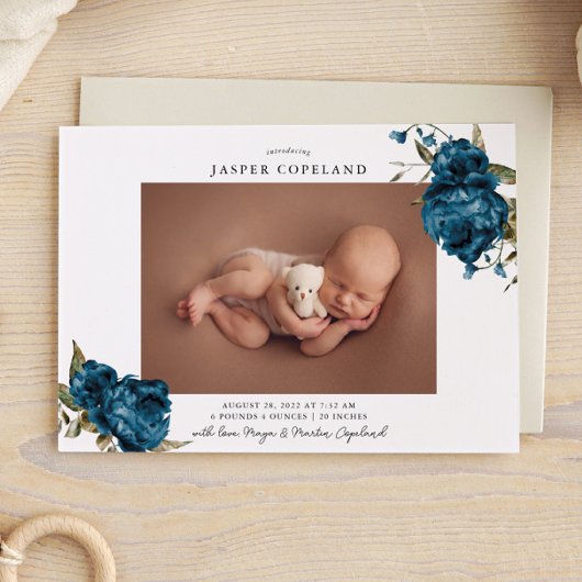 Navy Floral Boy Baby Foto Geboorte Aankondiging