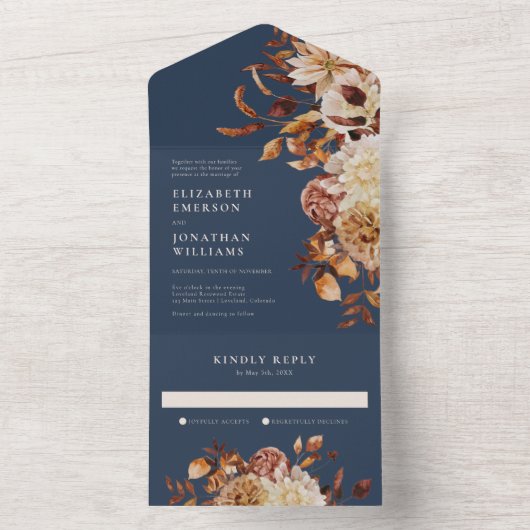 Navy Floral bruiloft in één uitnodiging (Binnen)