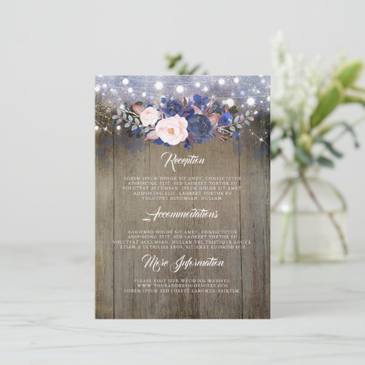 Navy Floral bruiloft informatie gast Informatiekaartje (Staand voorkant)