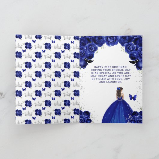 Navy Floral Brunette Hair Girl Happy Birthday Kaart (Binnen)