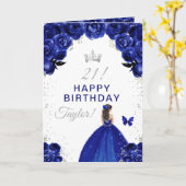 Navy Floral Brunette Hair Girl Happy Birthday Kaart (Gele Bloem)