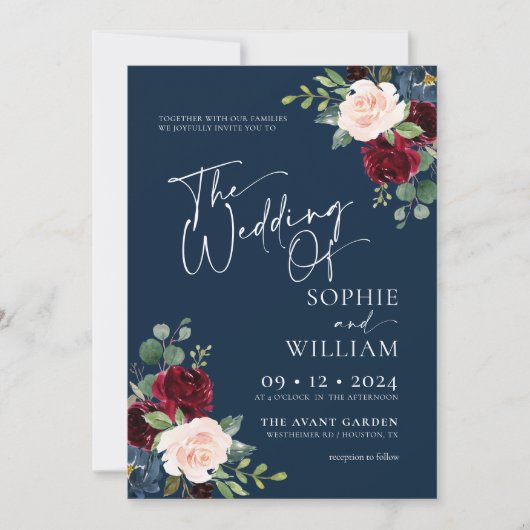 Navy Floral Burgundy en Blush Wedding Invitation Kaart (Voorkant)