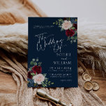 Navy Floral Burgundy en Blush Wedding Invitation Kaart<br><div class="desc">Boho Navy Burgundy en Blush Floral Wedding Invitation. Deze uitnodiging wordt gekenmerkt door boho bogundy en blush rozen en bloemen met twee moderne hoogstaande lettertypen die de trends van het cadeau en toekomstige feestelijke gebeurtenissen bepalen.</div>