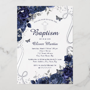 Navy Floral Butterfly Boy doop Folie Uitnodiging