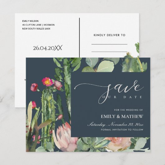 NAVY FLORAL DESERT CACTI FOLIAGE BEWAREN DE DATUM AANKONDIGINGSKAART (Voorkant / Achterkant)