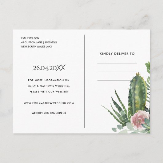 NAVY FLORAL DESERT CACTI FOLIAGE BEWAREN DE DATUM AANKONDIGINGSKAART (Achterkant)