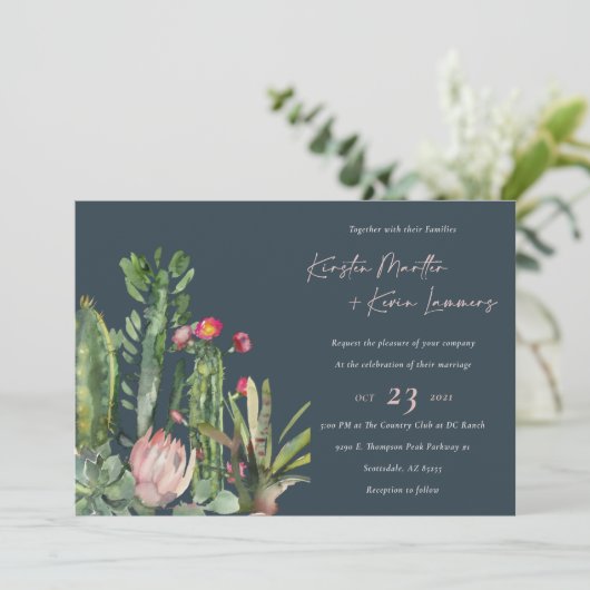 Navy Floral Desert Cacti Foliage Wedding Invite Bedankkaart (Staand voorkant)