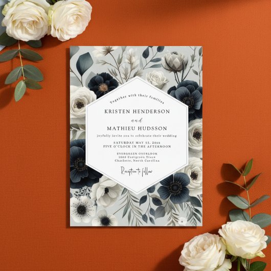 Navy Floral Elegance Wedding Kaart