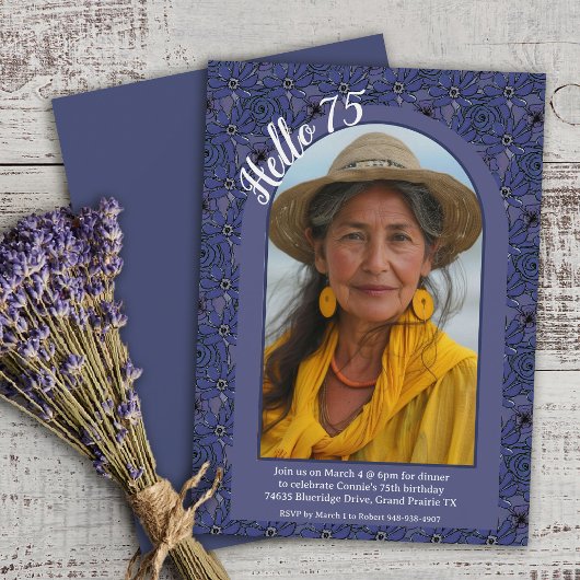 Navy Floral Elegant Whimsy Simple 75th Birthday Kaart