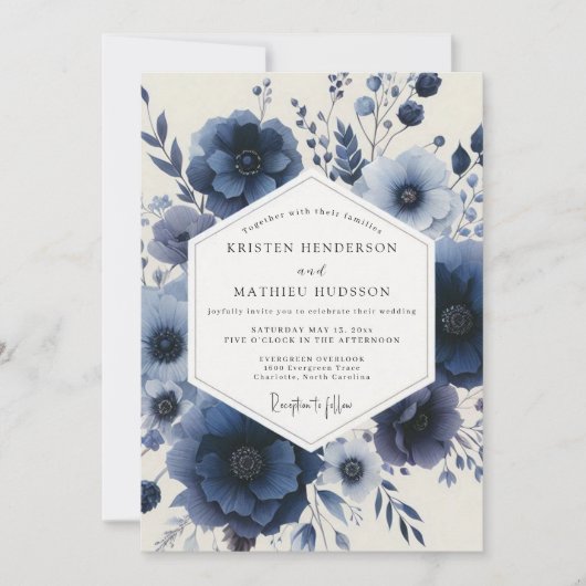 Navy Floral Enchantment Wedding Kaart (Voorkant)