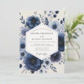 Navy Floral Enchantment Wedding Kaart (Staand voorkant)