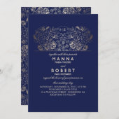 Navy Floral - Eternal Romance Gold Wedding Kaart (Voorkant / Achterkant)
