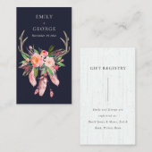 NAVY FLORAL FEATHER ANTLER WEDDING GIFT REGISTRY VISITEKAARTJE (Voorkant / Achterkant)