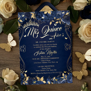 Navy Floral Garden Gold Mis Quince Quinceanera Folie Uitnodiging