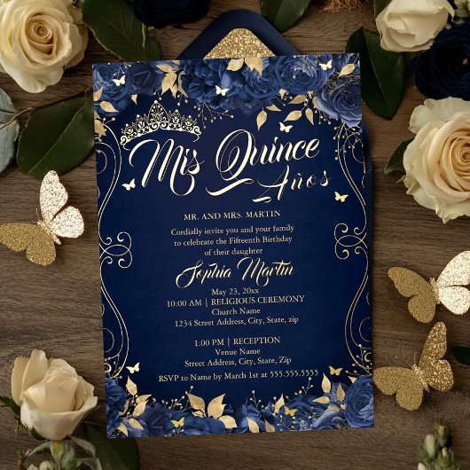 Navy Floral Garden Gold Mis Quince Quinceanera Folie Uitnodiging
