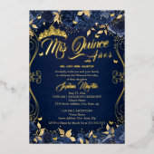Navy Floral Garden Gold Mis Quince Quinceanera Folie Uitnodiging (Voorkant)