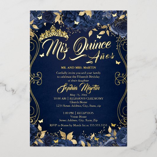 Navy Floral Garden Gold Mis Quince Quinceanera Folie Uitnodiging (Voorkant)