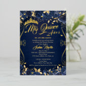Navy Floral Garden Gold Mis Quince Quinceanera Folie Uitnodiging (Staand Voorkant)
