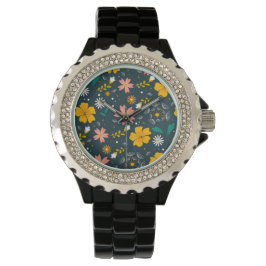 Navy Floral Garden Whimsical Spring Pattern Horloge