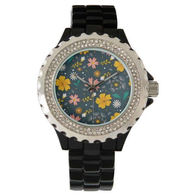 Navy Floral Garden Whimsical Spring Pattern Horloge (Voorkant)