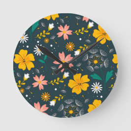 Navy Floral Garden Whimsical Spring Pattern Ronde Klok