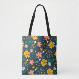 Navy Floral Garden Whimsical Spring Pattern Tote Bag