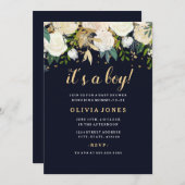 Navy Floral Glitter Sparkling Boy Baby shower Kaart (Voorkant / Achterkant)