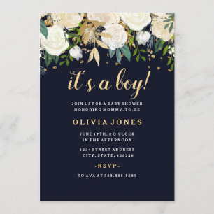 Navy Floral Glitter Sparkling Boy Baby shower Kaart
