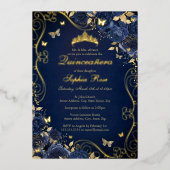 Navy Floral Gold Swirl Butterfly Quinceanera Folie Uitnodiging (Voorkant)