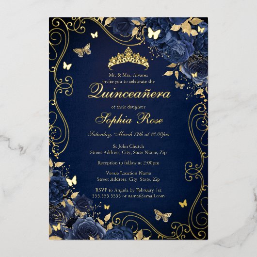Navy Floral Gold Swirl Butterfly Quinceanera Folie Uitnodiging (Voorkant)