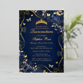 Navy Floral Gold Swirl Butterfly Quinceanera Folie Uitnodiging (Staand Voorkant)