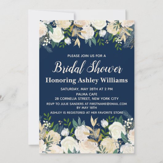 Navy Floral Greenery Roos Bridal Shower Kaart (Voorkant)
