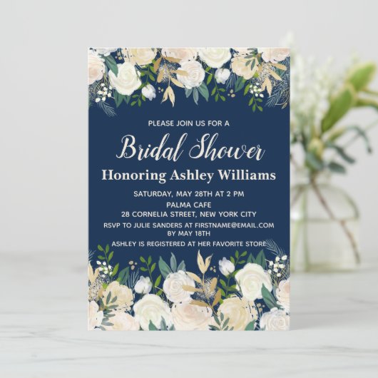 Navy Floral Greenery Roos Bridal Shower Kaart (Staand voorkant)