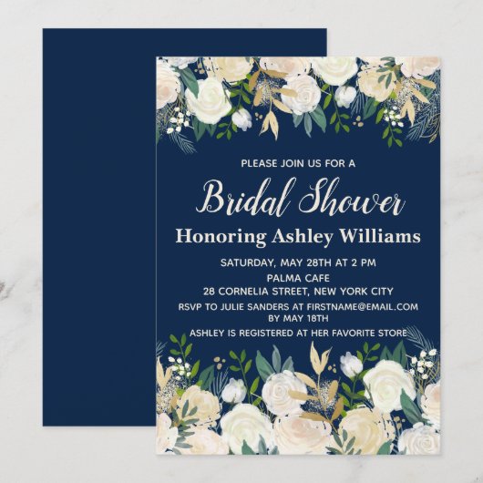 Navy Floral Greenery Roos Bridal Shower Kaart (Voorkant / Achterkant)