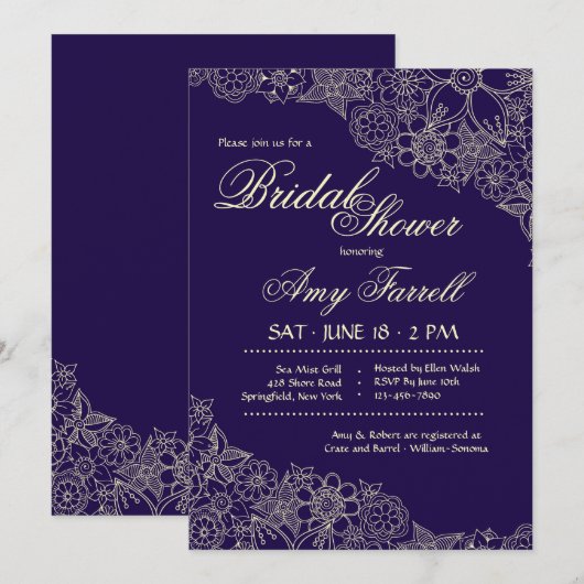 Navy Floral Invitation Kaart (Voorkant / Achterkant)