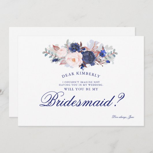Navy Floral, je wordt mijn bruidsmeisje Kaart (Voorkant / Achterkant)