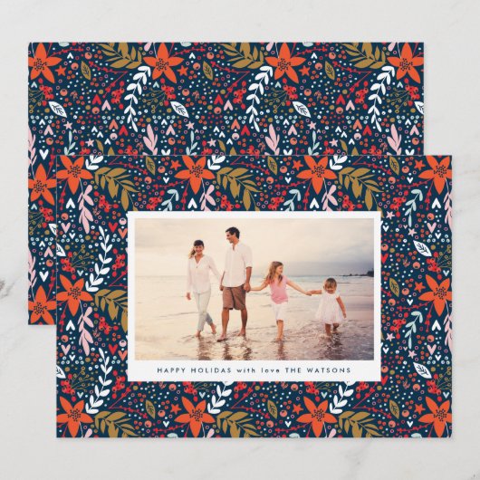 Navy Floral  kerstfeestdag fotokaart Feestdagenkaart (Voorkant / Achterkant)