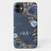 Navy Floral Leaf Waterverf Script naam Monogram Case-Mate iPhone Case (Achterkant)