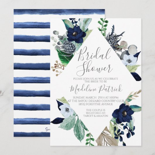 Navy Floral Lijst Vrijgezellenfeest Kaart (Voorkant / Achterkant)