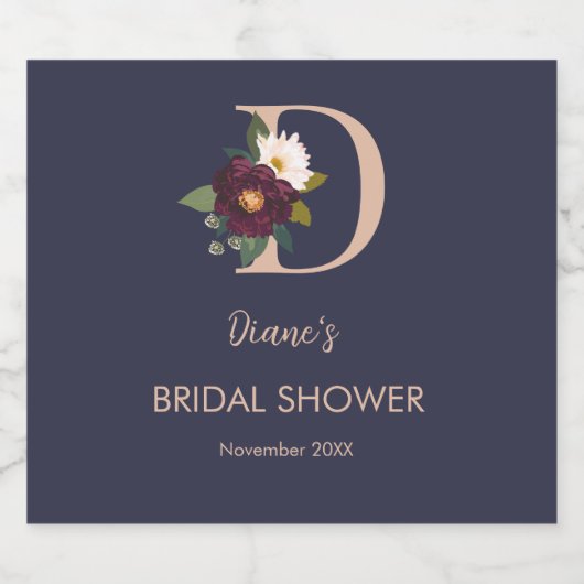 Navy Floral Monogram Letter D Vrijgezellenfeest Likeurfles Etiket (Enkel label)