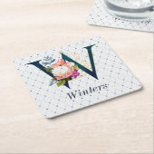 Navy Floral Monogram W Kartonnen Onderzetters (Schuin)
