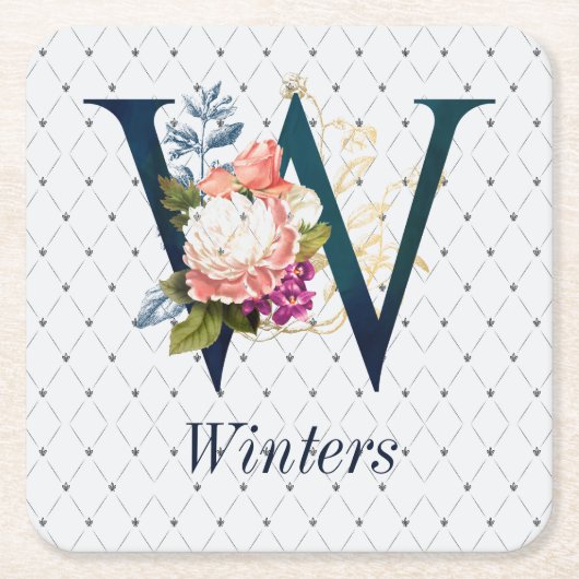 Navy Floral Monogram W Kartonnen Onderzetters (Voorkant)